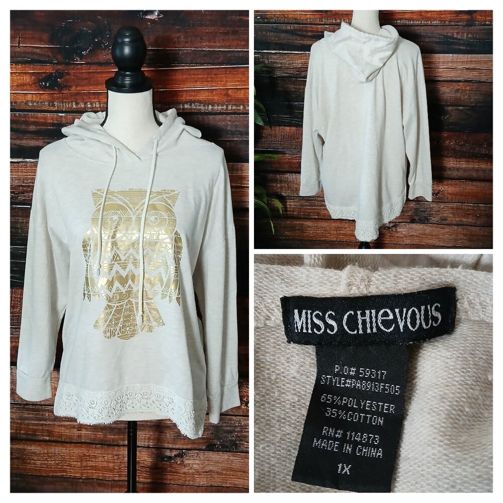 Miss Chievous Hoodie 1X Owl Applique Hooded Sweatshirt Crochet Band Tan Gold